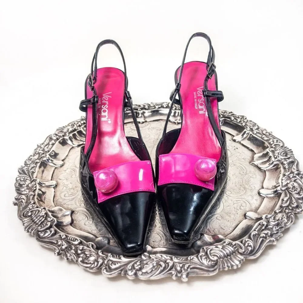 Versani Black Patent Knife Slingbacks Pink Gumball Sz 6B